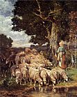 Charles Emile Jacque A Shepherdess with her Flock near a Stream painting